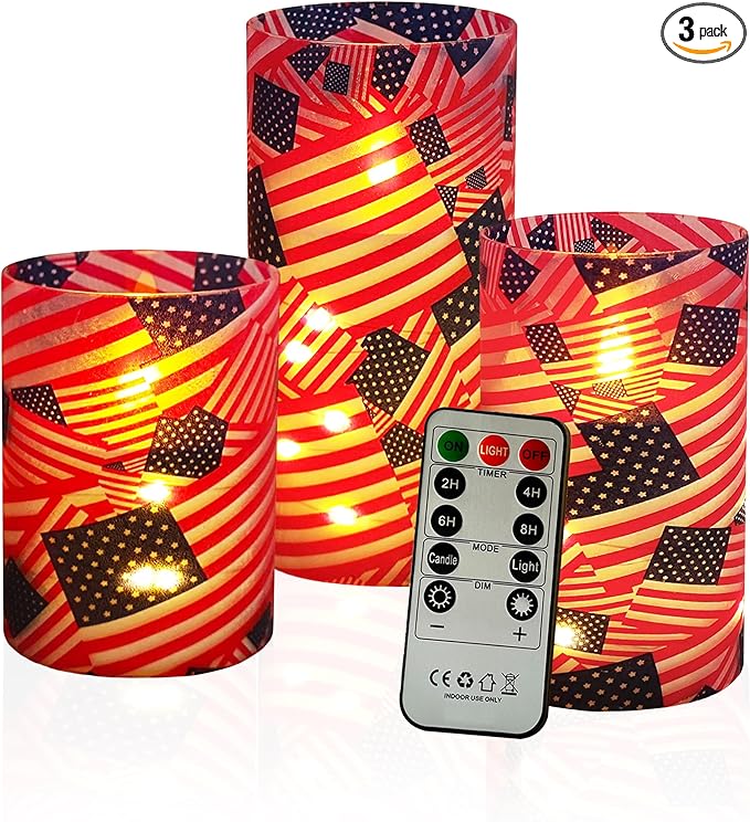 Flickering Flameless Candles Stars and Stripes Print US Flag, Embedded Star String Lights, Battery Operated Acrylic LED Pillar Candles with 11-Key Remote and Timer for Home Decoration, 3 Pack