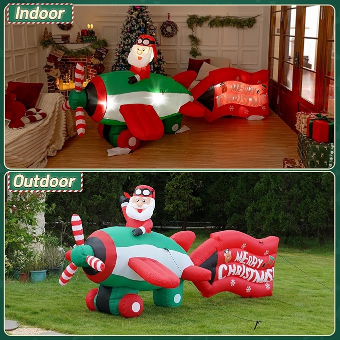10.5FT Christmas Inflatables Santa on Airplane with Rotating Propeller & LED Lights, Blow Up Outdoor Indoor Decor for Christmas Yard Garden Party