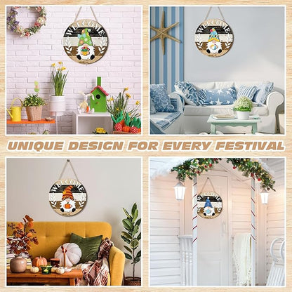 Qunclay Interchangeable Wooden Gnome Decor Holiday Seasonal Gnome Decorations with Magnet Pieces and Detachable Hats Changeable Welcome Sign for Home(Black White Grey)