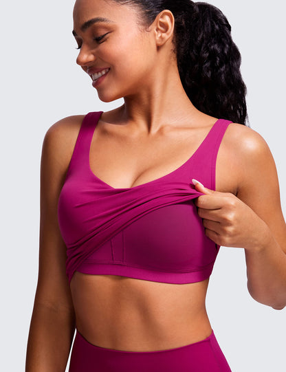 CRZ YOGA Butterluxe Womens V Neck Longline Sports Bra - U Back Padded Crop Workout Tank Tops with Built in Pads Magenta Purple Small