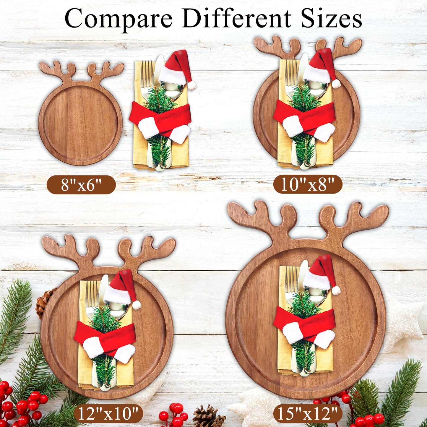 Renawe Decor Christmas Dinner Plate 12"x10" Wooden Cheese Charcuterie Board Xmas Cookies Platter Wood Salad Charger Plates for Christmas Holiday Festive Serving Dish Decorative Round Dessert Trays