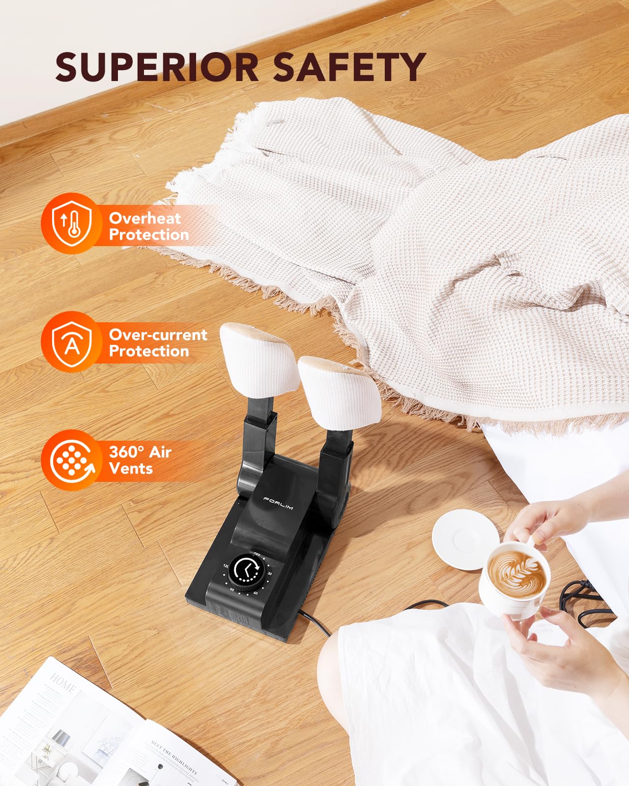 FORLIM Boot Dryer for Work Boots, Shoe Dryer with Heat Blower, Glove Dryer & Boot Warmer - 180° Adjustable Dry Rack - Telescopic Bendable Dry Ports - Intelligent Timer - Black