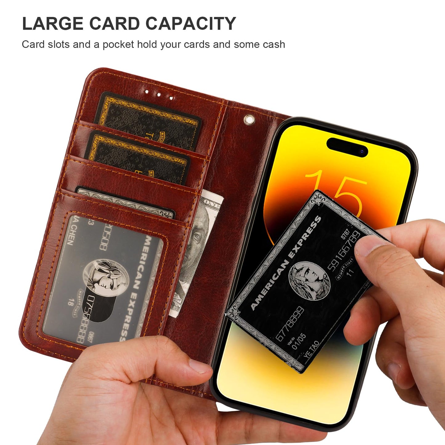 Bocasal Detachable Wallet Case for iPhone 15 RFID Blocking Card Slots Holder Premium PU Leather Magnetic Kickstand Shockproof Wrist Strap Removable Flip Protective Cover 5G 6.1 inch (Brown)