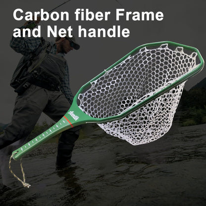 Aventik Floating Fly Fishing Net – Carbon Fiber Lightweight Landing Net with Clear Rubber Ghost Mesh for Trout – Catch and Release Friendly (Green with Standard Handle)