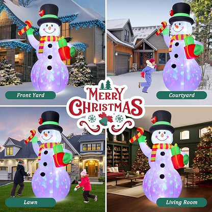 FunFanso 7FT Christmas Inflatable Snowman Outdoor Decoration, Giant Blow up Snowman Holds Candy and Gift Boxes, Built-in Rotating Colourful Lights for Yard, Garden, Patio, Lawn Xmas Holiday Decor