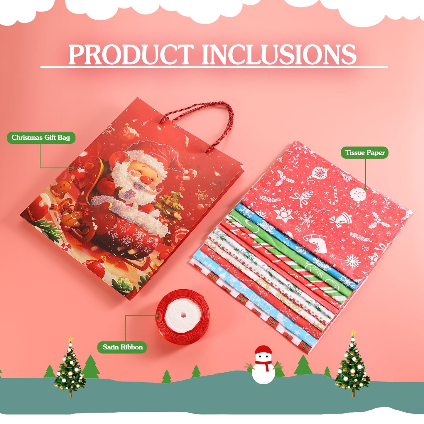 Rusikia 12 Christmas Gift Bags with 12 Tissues and 1 Satin Ribbon - Medium