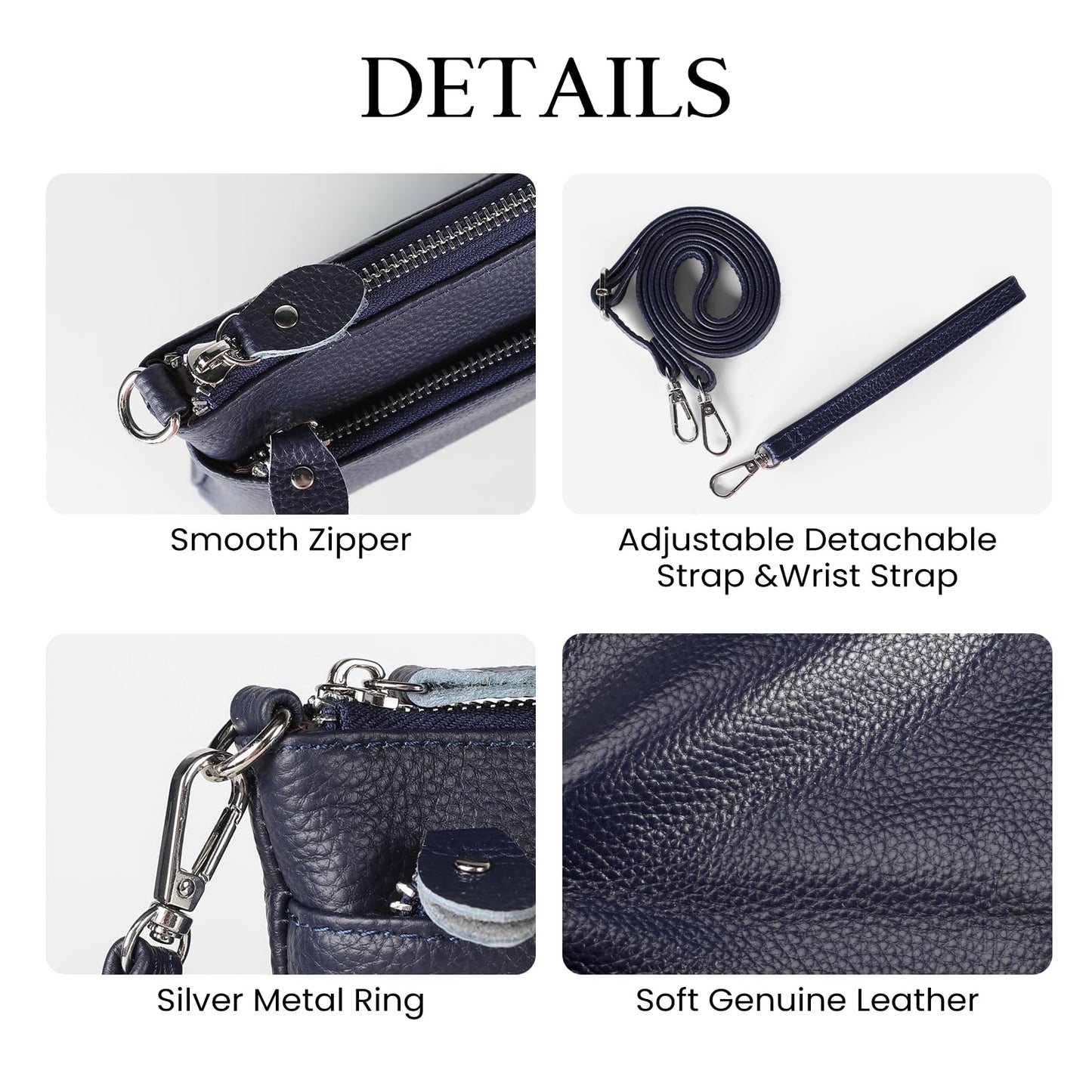 befen Leather Wristlet Wallets for Women, RFID Blocking Small Crossbody Bags, Women Leather Purses Handbags Shoulder Bag Trendy Clutch Purse with Adjustable Shoulder Strap and Wrist Strap, Navy Blue