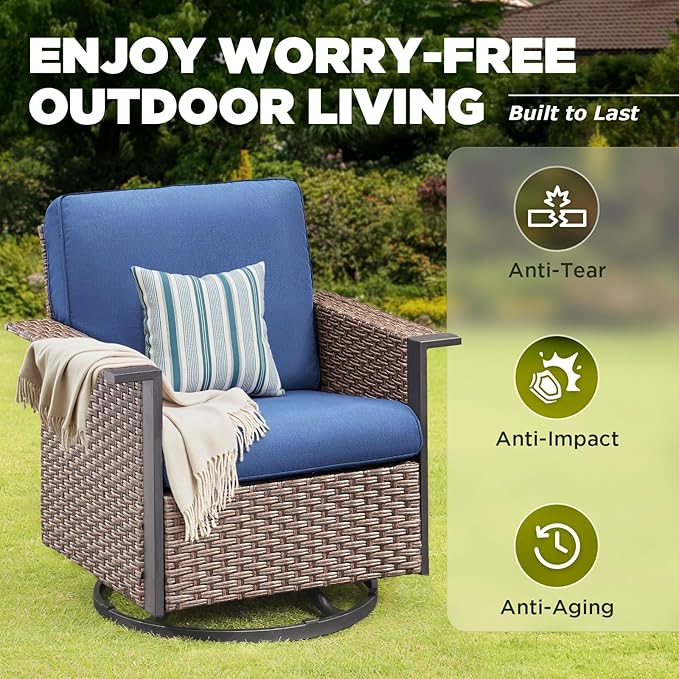3 Pieces Outdoor Patio Furniture Set-Wicker Patio Swivel Rocker Chairs Set of 2 with Outdoor Side Table, Comfy Rattan Glider Chairs Outdoor Seating Furniture for Porch Deck Balcony Garden Brown/Blue