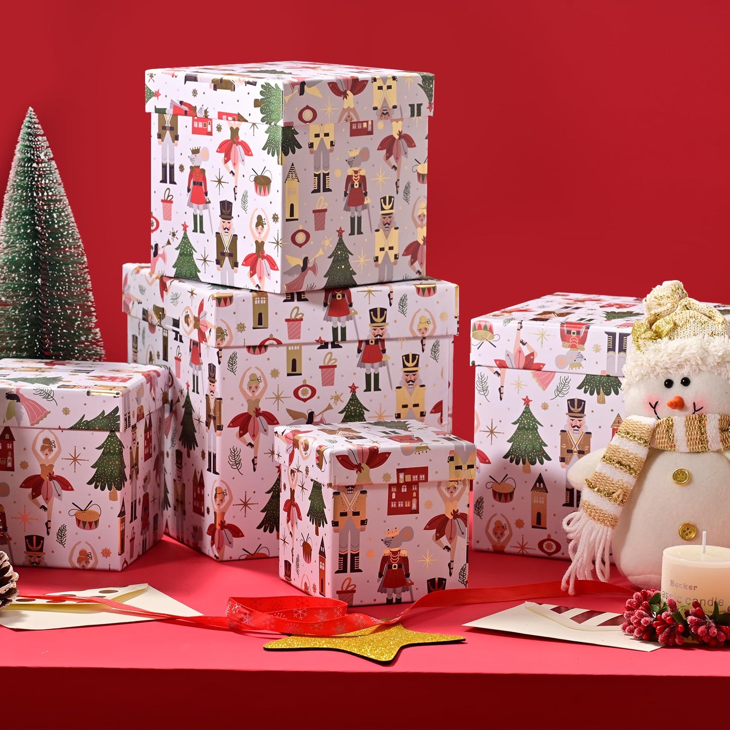 PAPER FAIR 5PCS Christmas Nesting Gift Boxes with Lid, Xmas Nested Box Set, 5 Sizes, Square Stackable, White Ballerina Nutcracker Paper Box Tower Décor, for Holiday Thanksgiving New Year Packaging