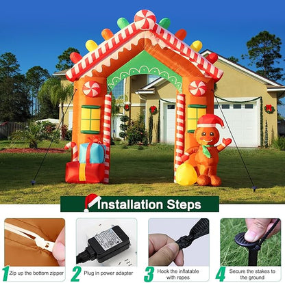 FunFanso 9 FT Christmas Inflatable Archway Outdoor Decorations, Gingerbread House Arch Blow Up Yard Decoration with Colorful Gifts, Build-in LED Lights for Garden Lawn Yard Porch Holiday Party Decor