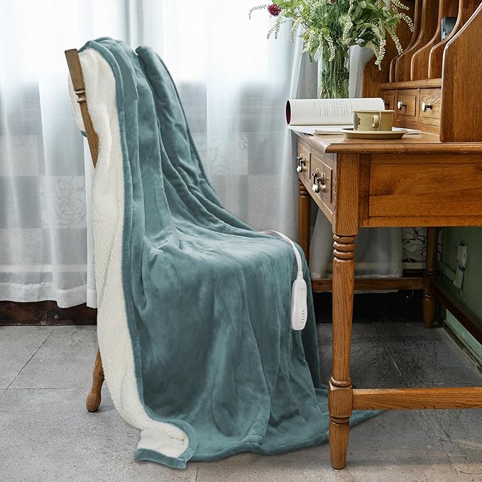 Heated Blanket Throw 50"x60", ETL & FCC Certified Electric Blanket with 3-Hour Timer Auto-Off & 5 Heating Levels, Overheat Protection, Machine Washable - Cyan Blue