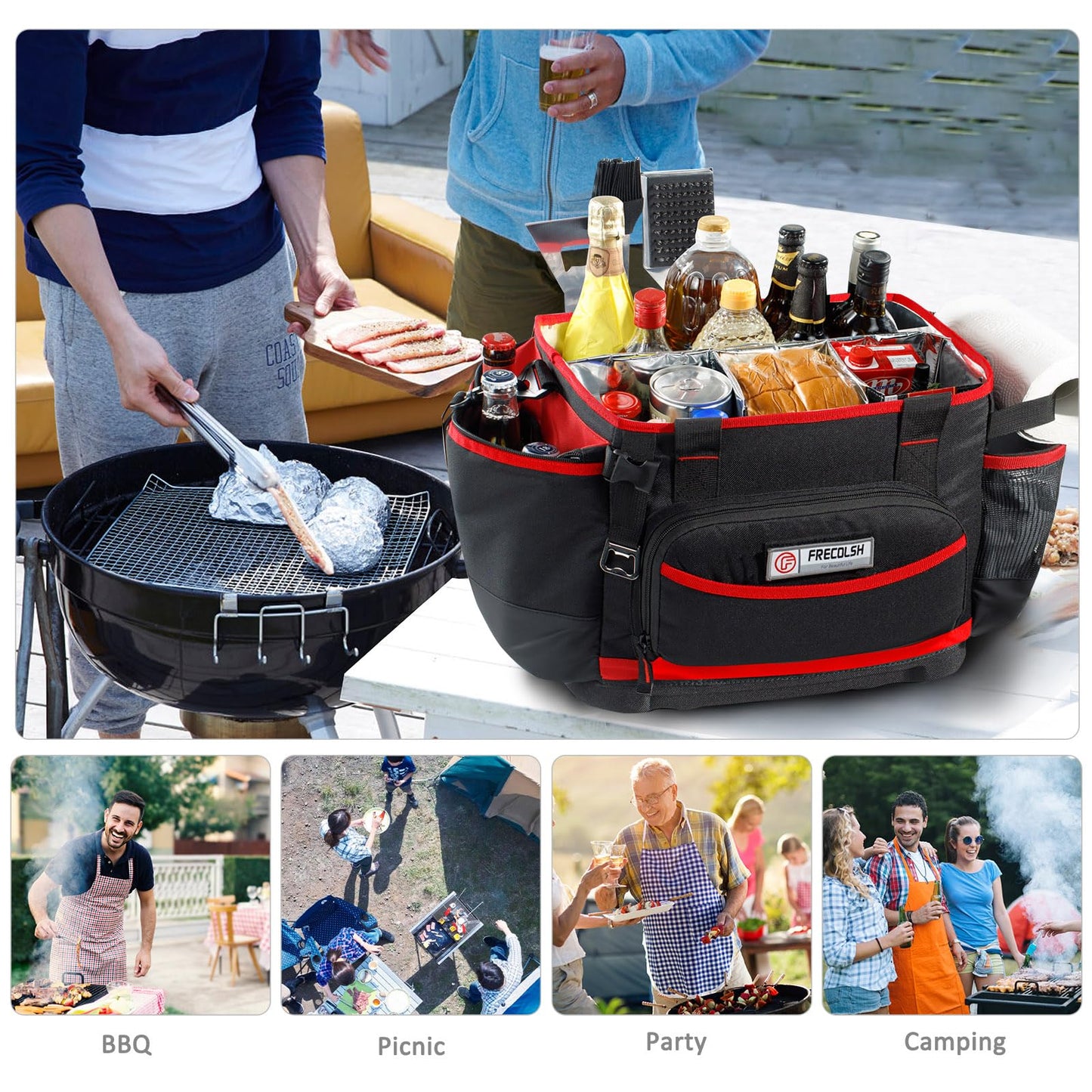FRECOLSH Large BBQ Organizer with Molded Hard Base, Compatible with Blackstone Outdoor Utensil Bag for Camping, Picnic & Tailgating, Portable Cooking Accessories Tote, Gift for Men