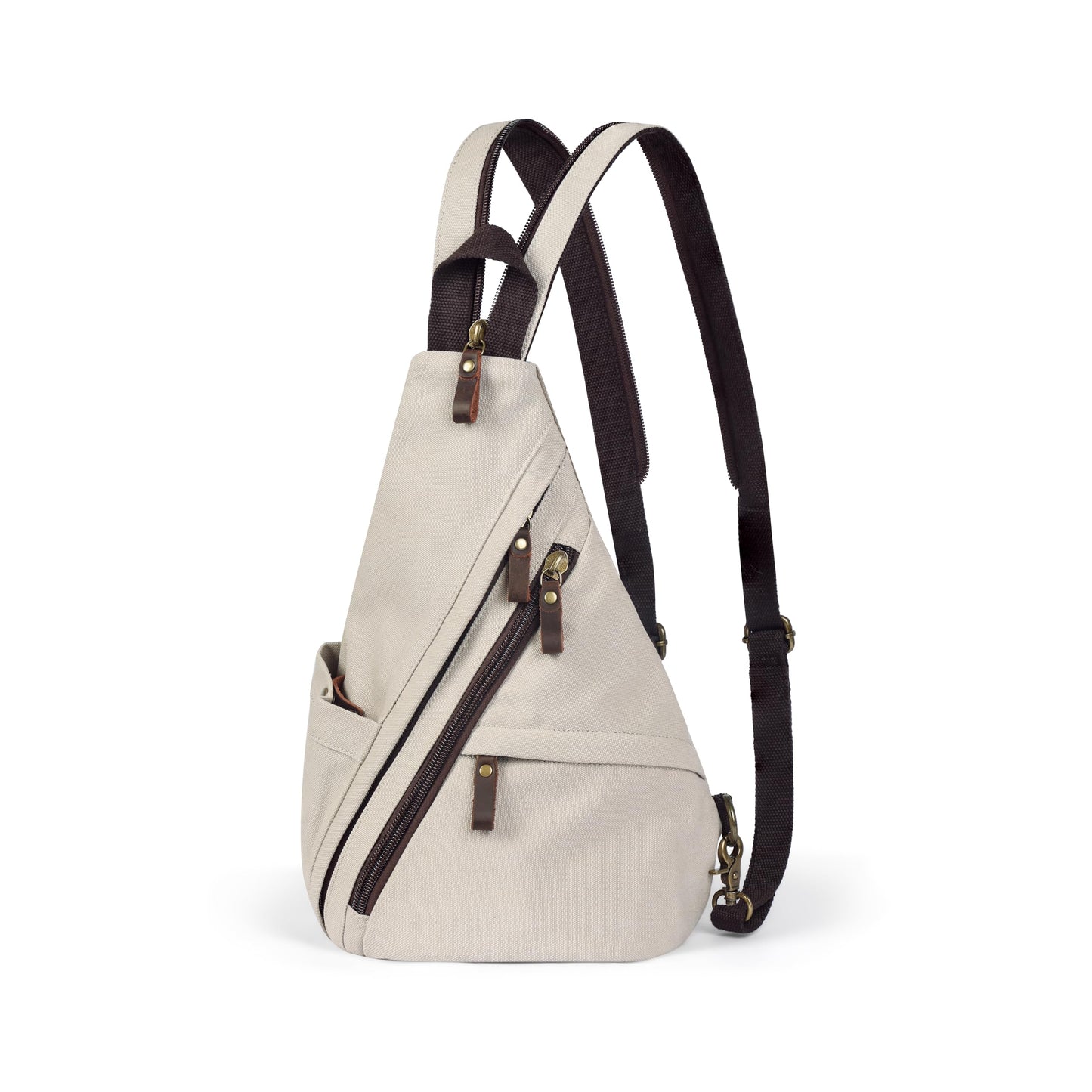 BRASS TACKS Leathercraft Vintage Canvas Sling Bag for Men and Women, 3-in-1 Convertible Crossbody Backpack Chest Bag with Genuine Leather Zipper, Large Capacity Travel Daypack (Off-White)