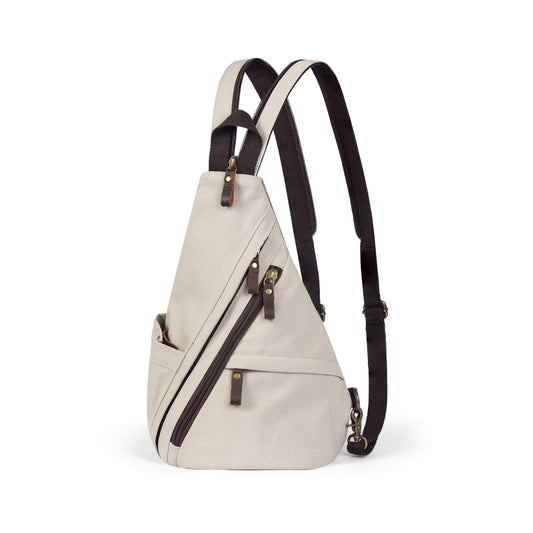 BRASS TACKS Leathercraft Vintage Canvas Sling Bag for Men and Women, 3-in-1 Convertible Crossbody Backpack Chest Bag with Genuine Leather Zipper, Large Capacity Travel Daypack (Off-White)