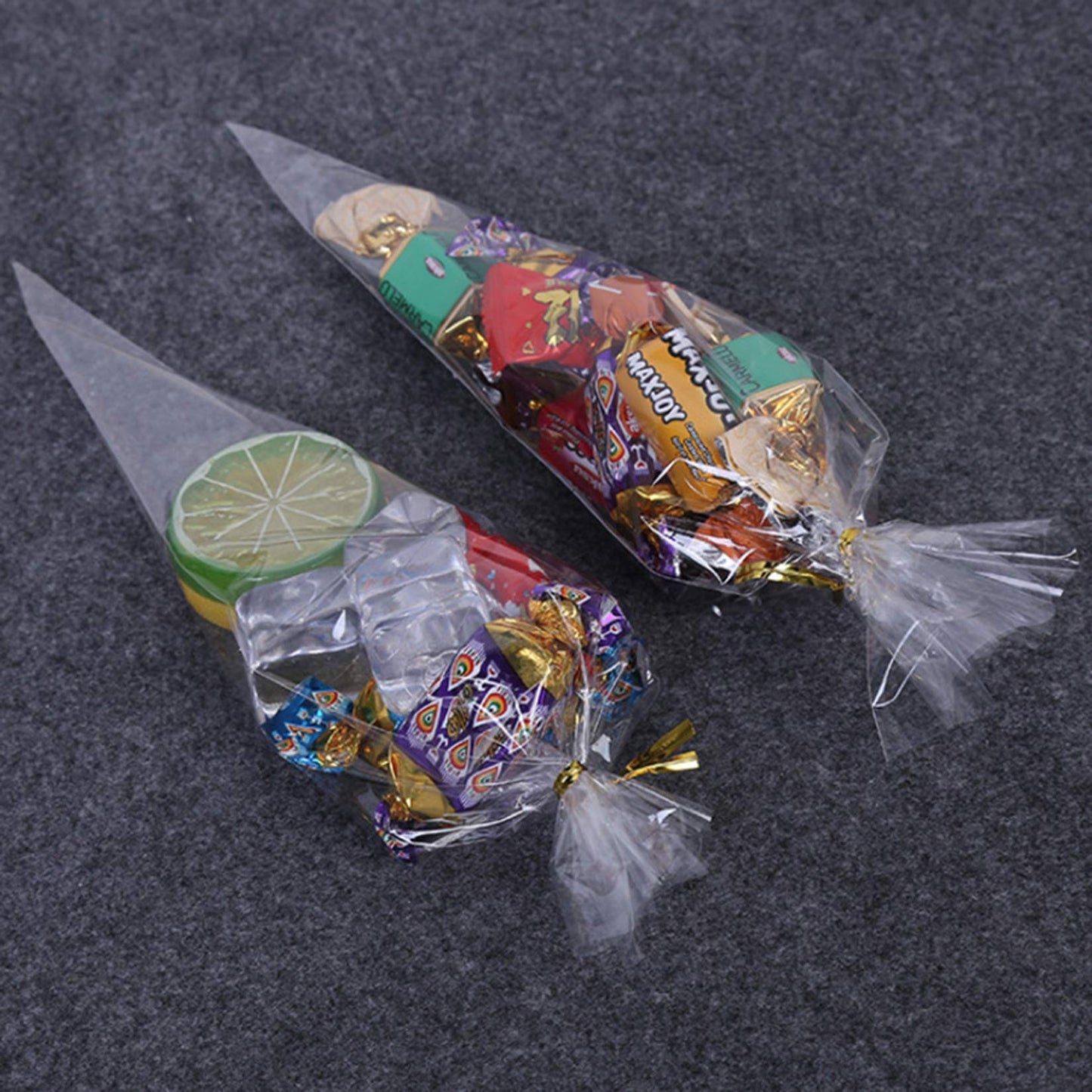 Morepack Cone Cellophane Bags,200 Pieces 6.3"x11.8" Cello Clear Cone Shaped Treat Bags with Twist Ties, Plastic Triangle Bag for Popcorn Favor Candy