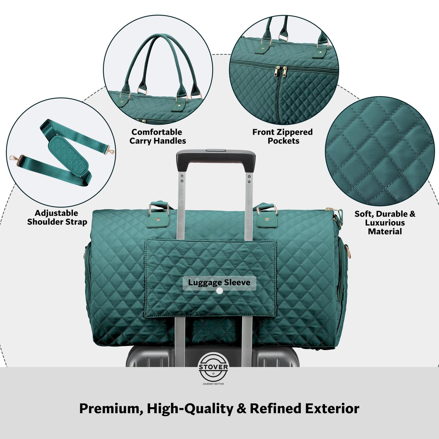 STOVER Women’s Convertible Garment Duffel Bag for Travel – 2-in-1 Carry-On Weekender/Overnight Tote - Wrinkle-Free Dresses, Suits & Clothes + Shoe Compartment & Bonus Toiletry Bag (Emerald Green)