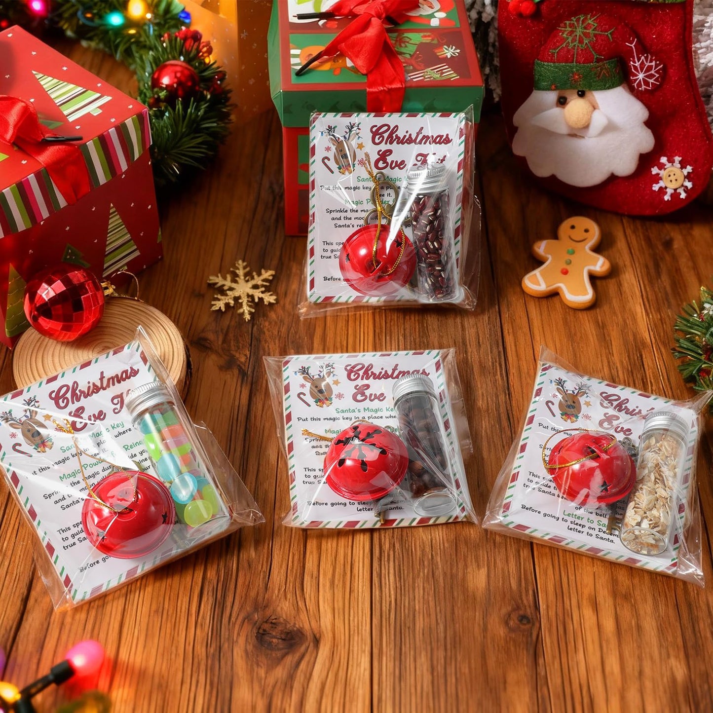 FoldTier 24 Set Christmas Eve Kit Santa Bell Santa's Magic Key Magic Reindeer Food Glass Jar Red Bell Xmas Key for Christmas Party Favor Eve Present for Family Stocking Stuffer Tree