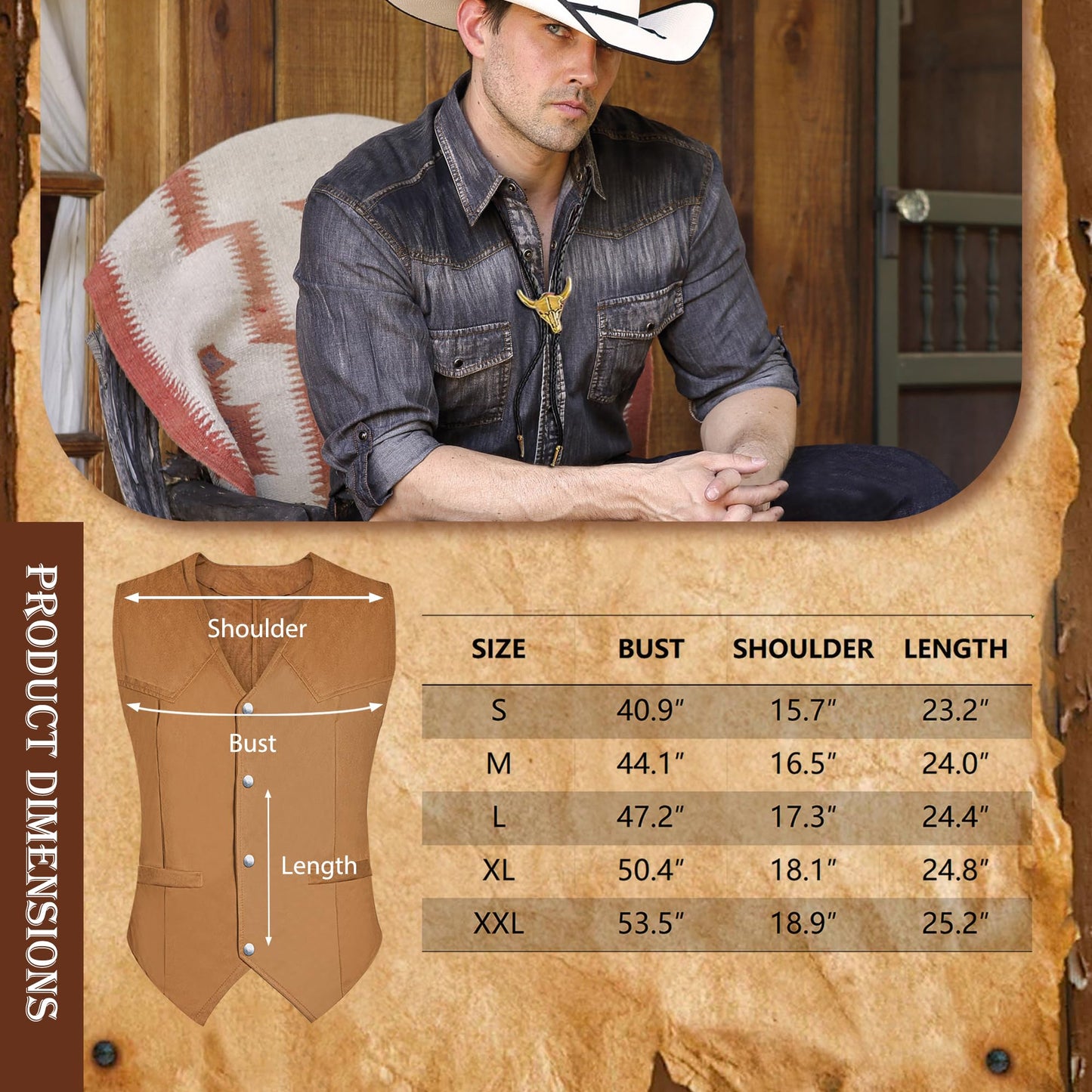RIOSO Cowboy Outfit for Men Western Suede Leather Vest Belt Necktie Set Men's Cowboy Costume Accessories (Without Hat) Brown
