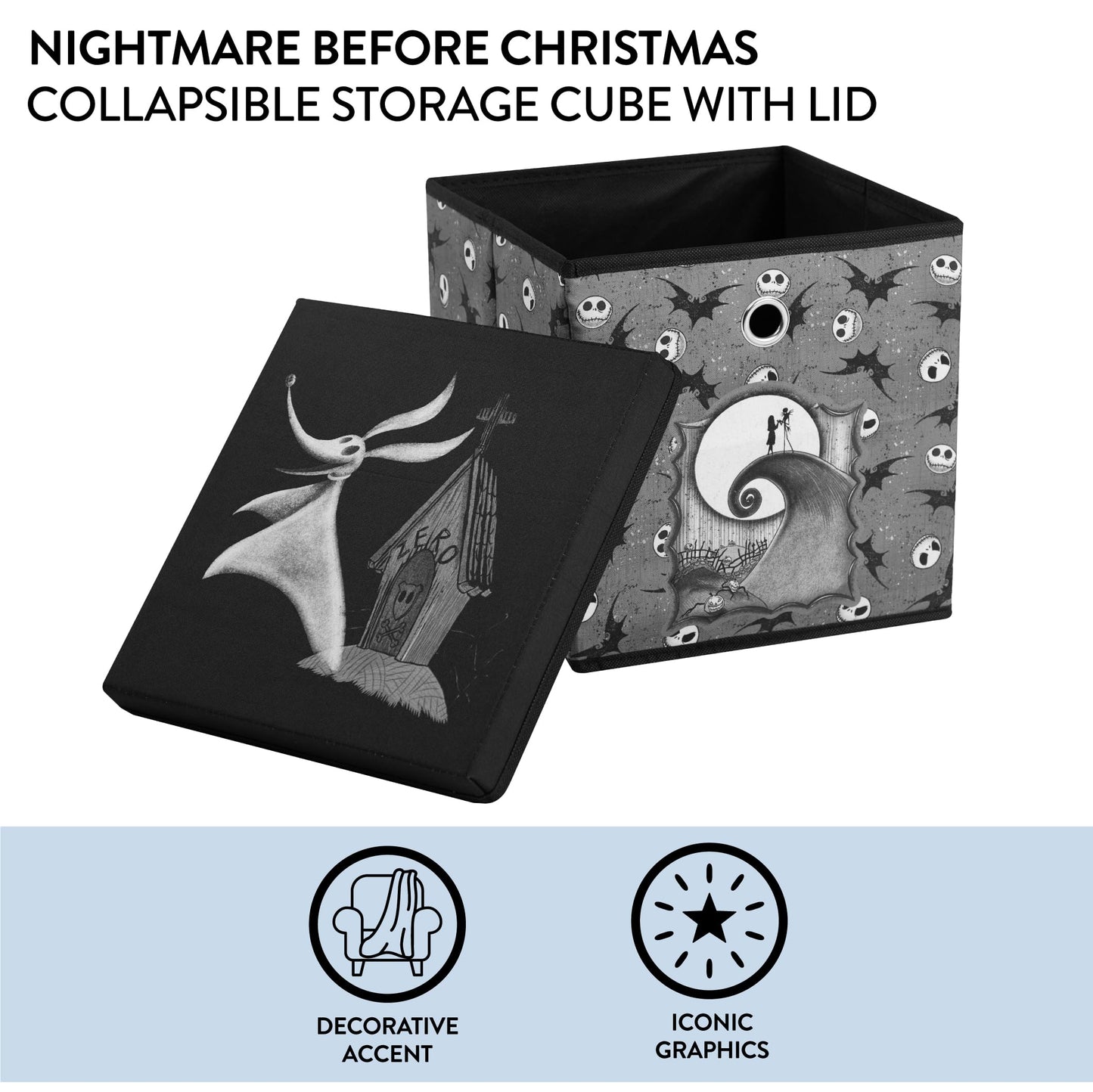 The Nightmare Before Christmas Collapsible Storage Cube with Removable Lid,10"x10"x10" Fabric Organizer Bin for Essentials