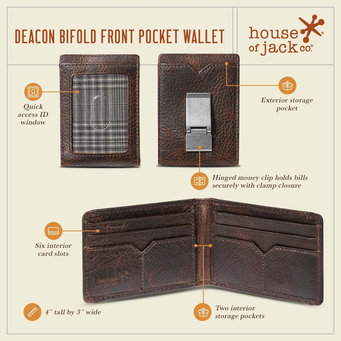 House of Jack Co. Deacon Bifold Money Clip Wallet for Men – Slim Front Pocket Leather Wallet with Metal Cash Clip, Exterior ID Window & Card Holder, Full-Grain Cowhide, Brown