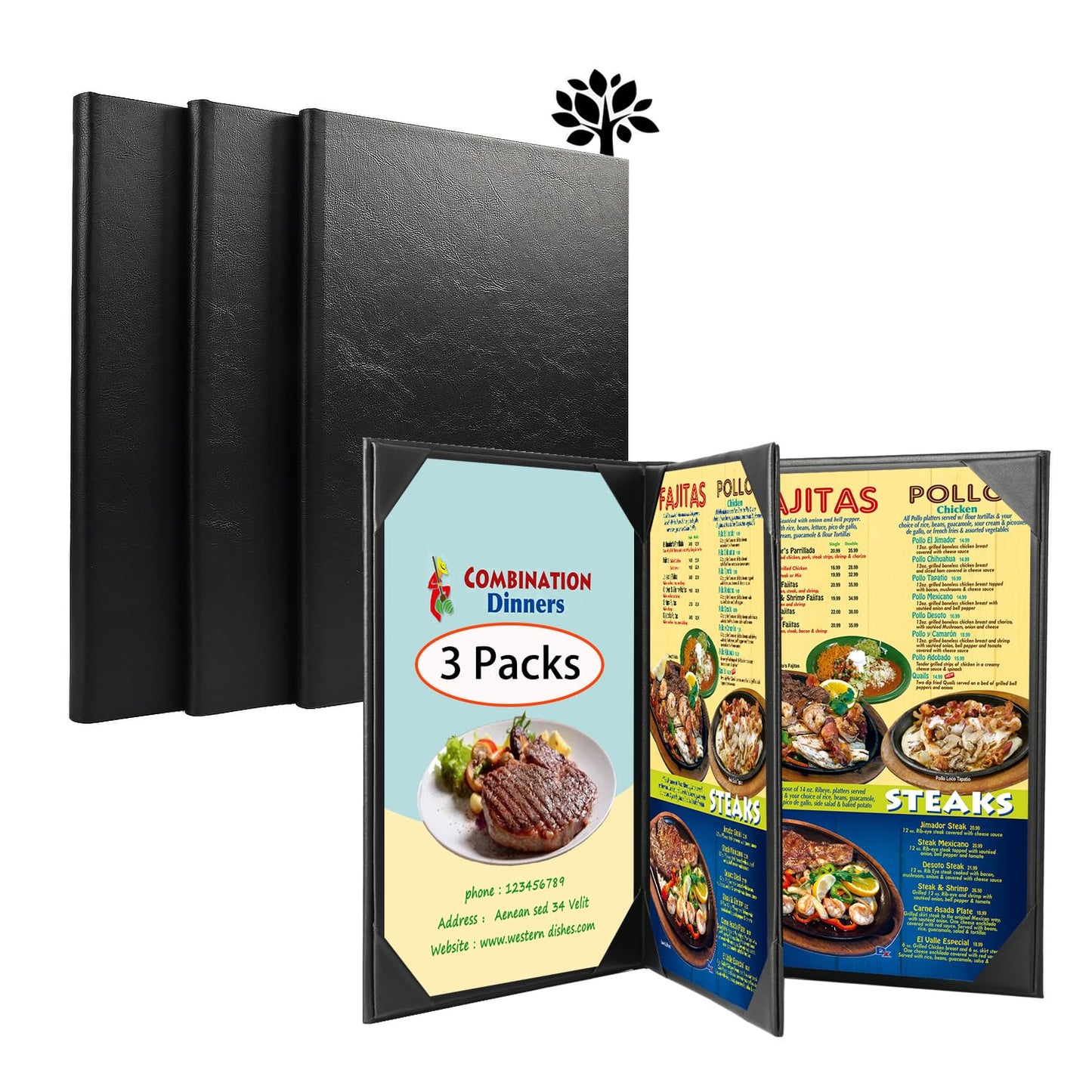 3 Packs of Leather Menu Covers Holders with Strong Wood Inside for 8.5x11 Inches,Four Views Leather Menu Holder for Wine List, Drinks, Cafes, Bar, Hotel,Cocktail(8.5" x11", 4 View-Book Style/3 pcs)