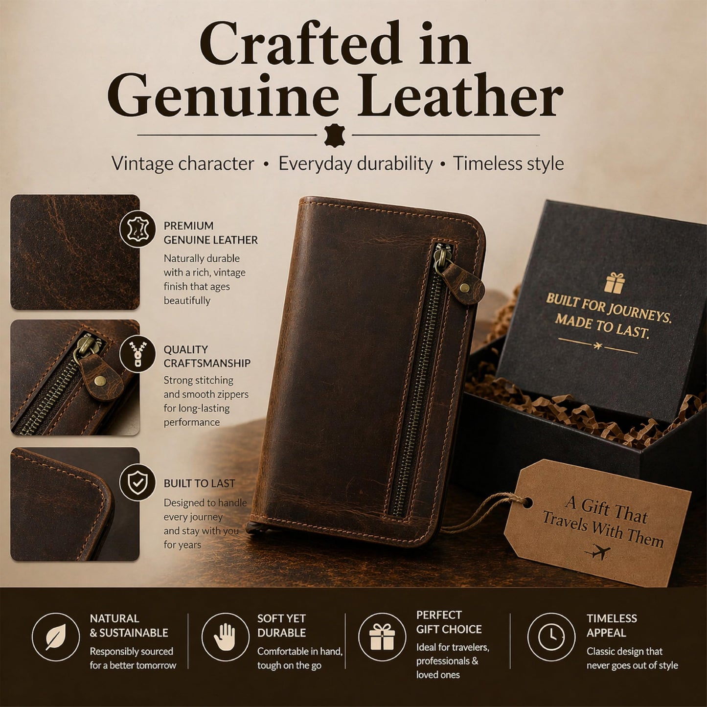 TheAntiq Brown Leather Family Passport Holder - Travel Document Organizer Wallet with Card Slots ID Window Zipper Closure for Multi Passport Storage Travel Use, 5 x 9