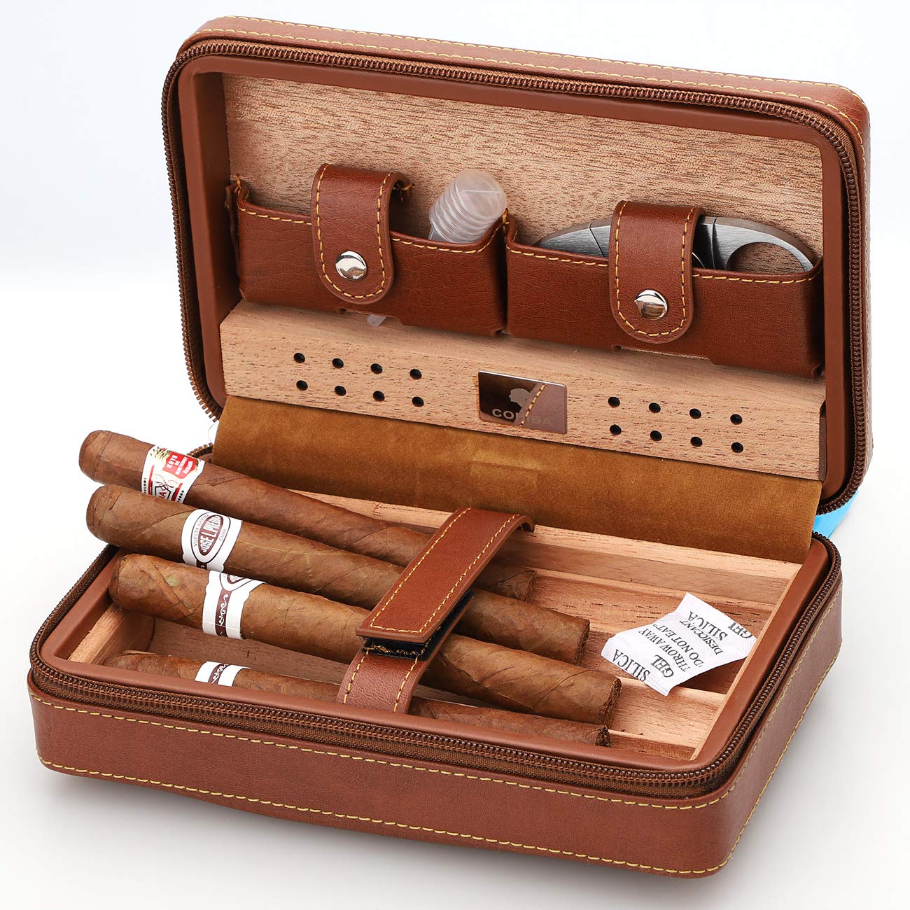 Time C club 4-Finger Portable Travel Leather Cigar Case, Cigar Cutter, Cigar Humidor with Cigar Cutter and Humidifier, Groomsmen Gift, Birthday Gift