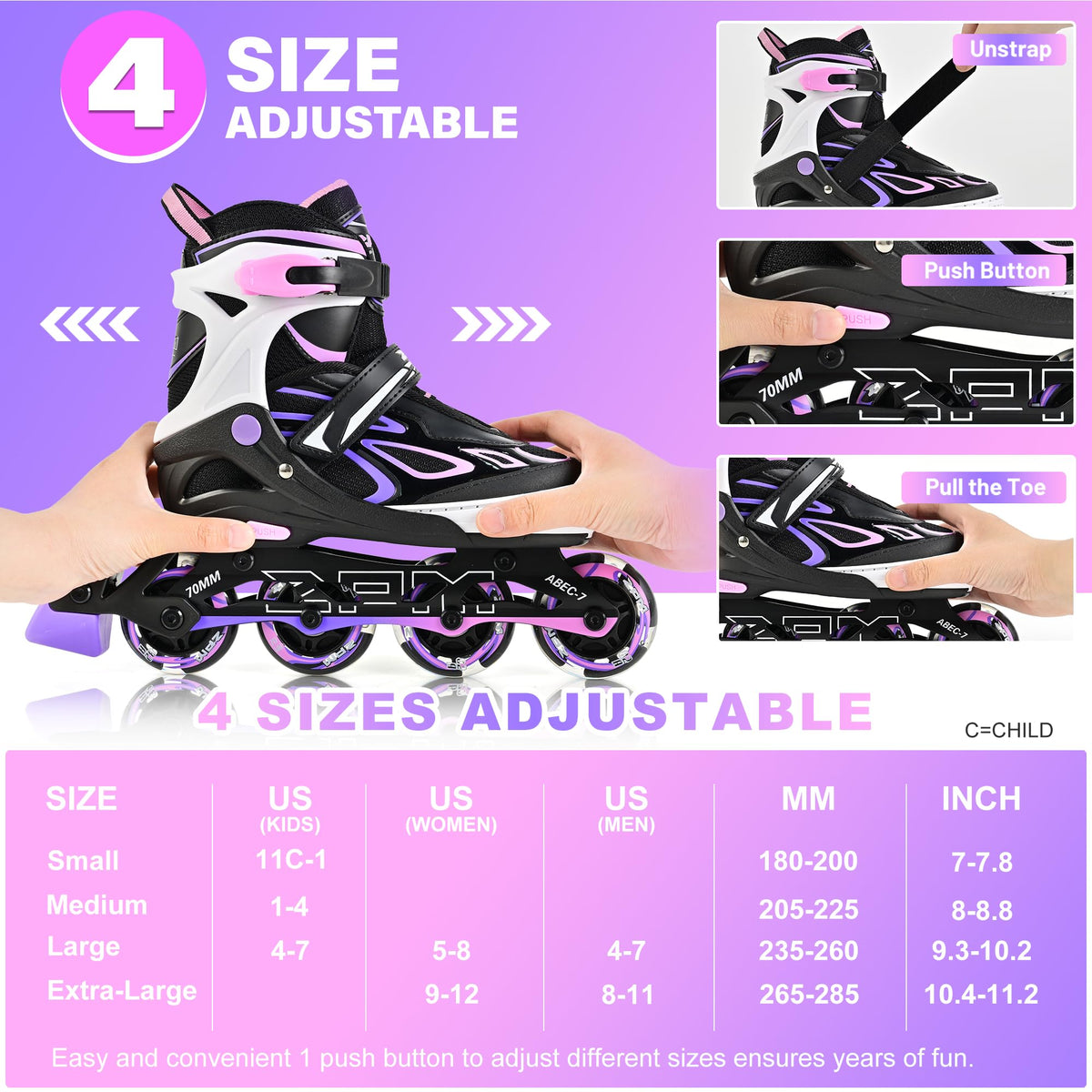 2PM SPORTS Vinal Inline Skates for Girls Boys Kids Ages 5-8 8-12 with Adjustable Illuminating Wheels, Inline Roller Skates for Youth Women Men - Purple Pink Extra Large