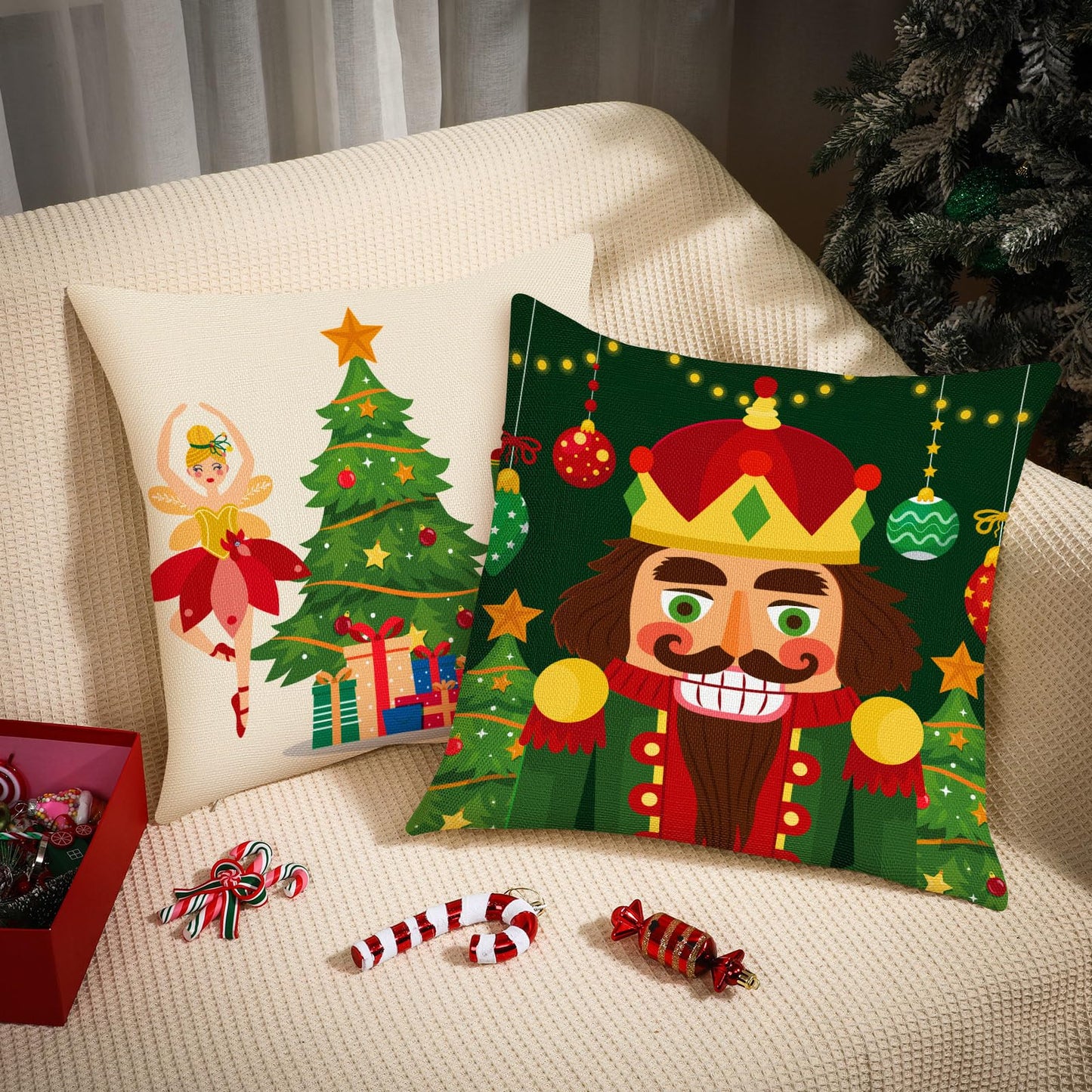 Tatuo 6 Pcs Christmas Santa Claus Nutcracker Throw Pillow Cover Nutcracker Santa Cushion Decoration 18 x 18 Inch Pillowcase Holiday Decoration for Sofa Couch Bed