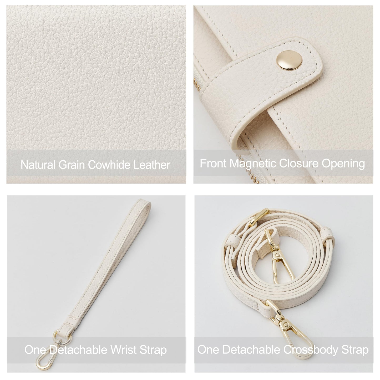 DORIS&JACKY Small Crossbody Cellphone Bags for Women, Mini Leather Wristlet Wallet Clutch Purse With Two Detachable Straps (2-White)