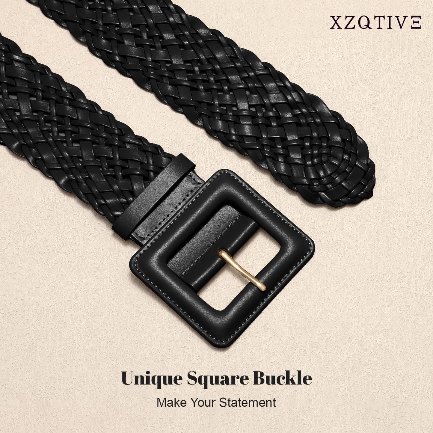 XZQTIVE Women Wide Belt for Dresses Fashion Thick Braided Leather Belts with Square Buckle, Woven Waistband for Ladies, Black(Fit Waist Size Below 27'')