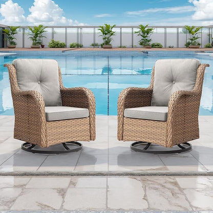 Rilyson Patio Chairs Rocking Swivel Chiar - 2 Piece Outdoor Wicker Furniture Chairs Set Rattan Rocker Chairs with High Back and Deep Seating for Outside Porch Deck Garden(Yellow/Beige)