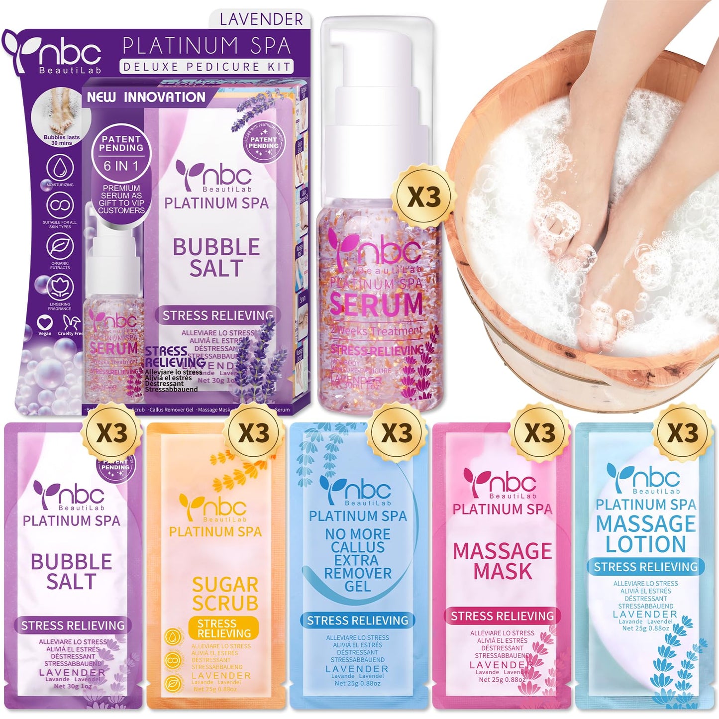 Pedicure Kit Foot Soak Set: Bubble Salt, Sugar Scrub, Massage Mask, Massage Lotion in a Box, 4 Step Foot Spa Kit for Dry Feet,Tired Feet（3 Set Tropical Fruit)