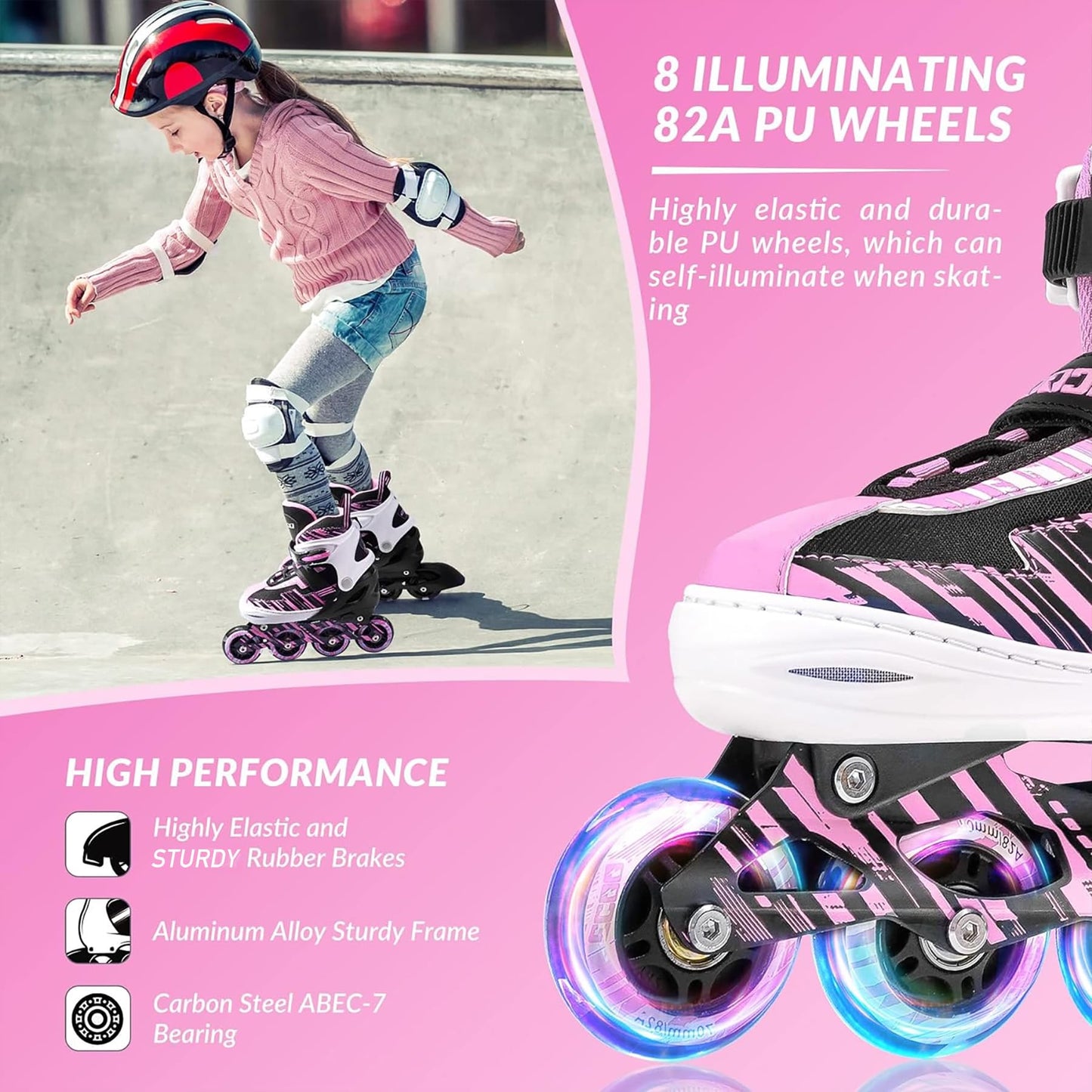 ECOO Adjustable Inline Skates Boys and Girls with Light up Wheels，Roller Skates for Kids Ages 4-12, Teen Skates for Beginner Outdoor and Indoor (Pink, Large-Youth（3-6 US）)