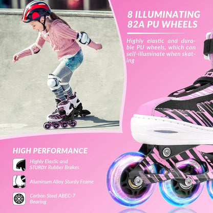 ECOO Adjustable Inline Skates Boys and Girls with Light up Wheels，Roller Skates for Kids Ages 4-12, Teen Skates for Beginner Outdoor and Indoor (Pink, Large-Youth（3-6 US）)