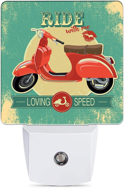 Hipster Vintage with Red Retro Bike Night Light, Dusk to Dawn Smart Sensor Nightlight for Bedroom Bathroom Kitchen Hallway Stairs Hallway, Plug-in, Energy Efficient Decor Desk Lamp Gifts