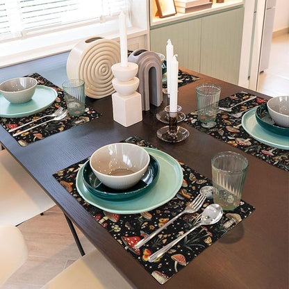 Black Mushroom and Butterfly Linen Placemats Set of 4, Heat Resistant Washable Table Mats for Kitchen Dining Table Party Holiday Outdoor Farmhous, Home Witchy Kitchen Decor, 12" x 18" Place Mats Black