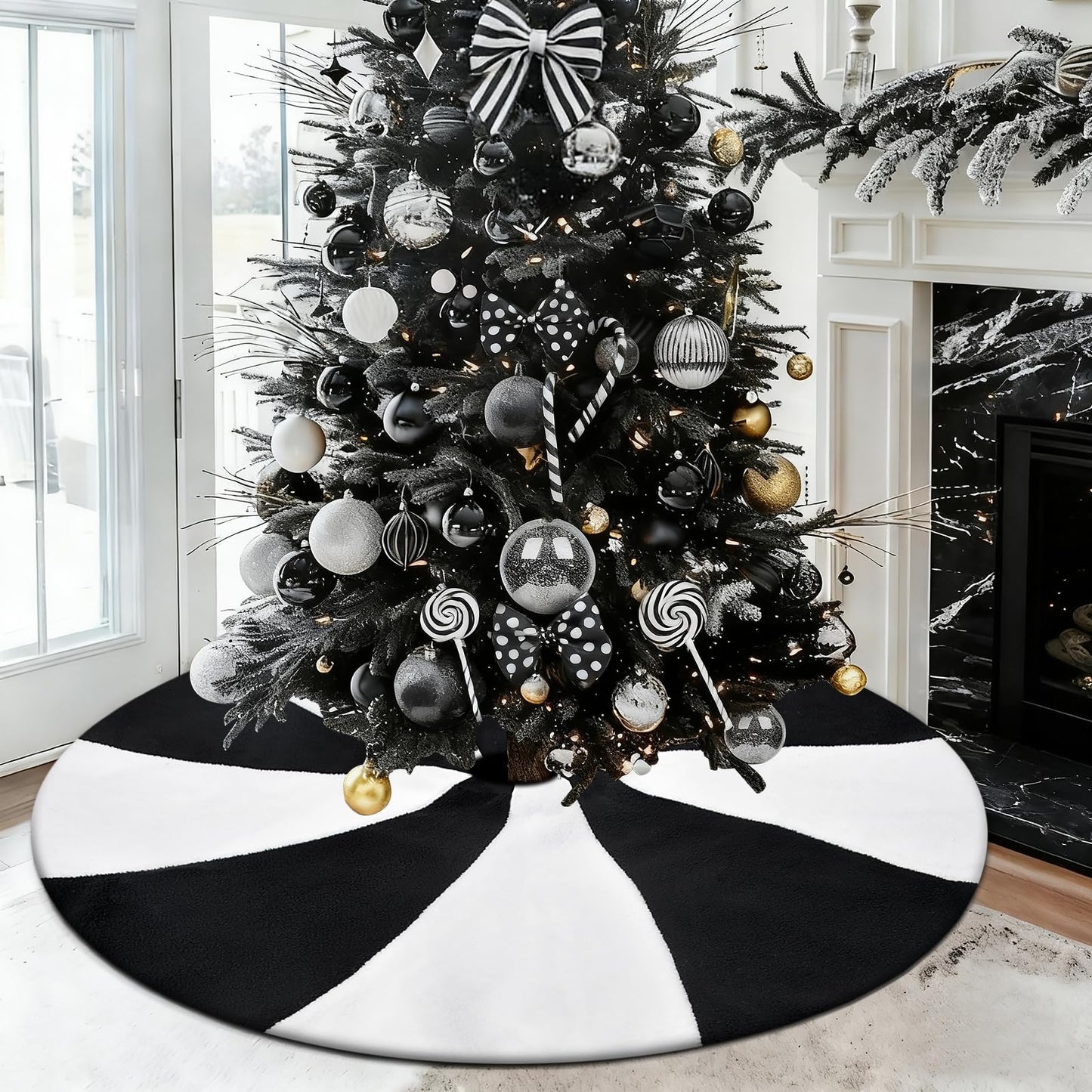 yuboo Black and White Tree Skirt, 48" Large Lollipop Tree Skirt for 6-7.5 FT Artificial Trees, Halloween Christmas Tree Decorations Ornaments, Spring Easter Holiday Party Xmas Tree Mat