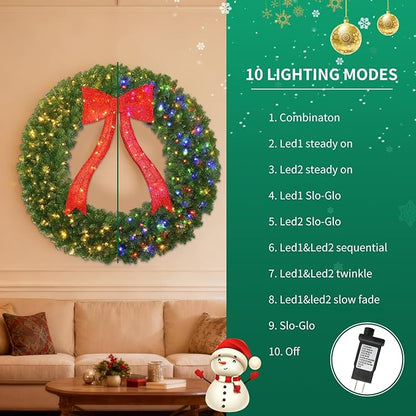 48in Christmas Wreath, 250 LED Lights (Warm White & Color, 10 Lighting Modes), Glowing Red Bow, 714 PVC Branch Tips, Power Plug-in, with Hooks, Holiday Decoration, Outdoor Door Decoration