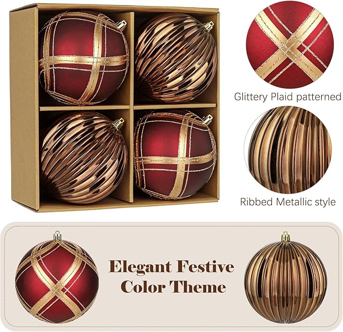 4.7" Large Plastic Christmas Balls Ornaments Set of 4, Glitter Shatterproof Christmas Bulbs Ornaments for Xmas Tree Decorations, Burgundy & Bronze Ornament for Tree,Mantel,Garland,Winter,Party Decor