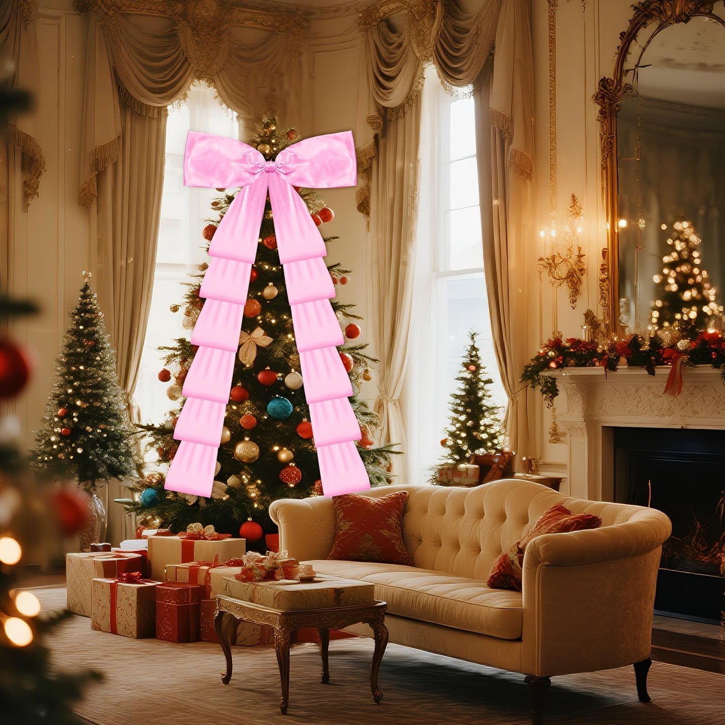 Giant Christmas Tree Bow Topper Big Bow for Christmas Tree Decorations 18X118In Tree Toppers Bows Big Pink Bows for Wedding Birthday Party Wall Backdrop(Pink)