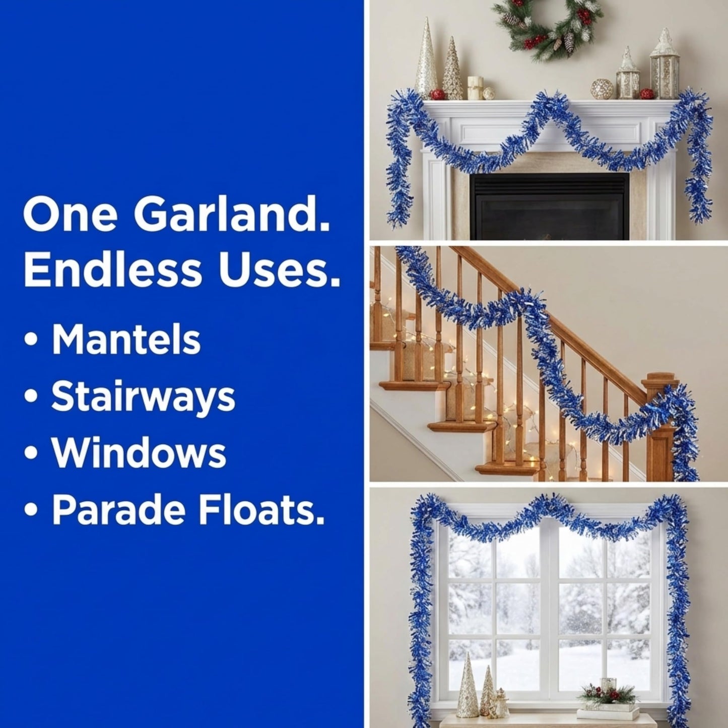 Anderson's Metallic Blue & Silver Tinsel Twist Garland, 25ft Holiday Decoration, Christmas Tree Trim, Parade Float Decor, Party Supplies, Halloween, Graduation, Indoor Outdoor Event Garland