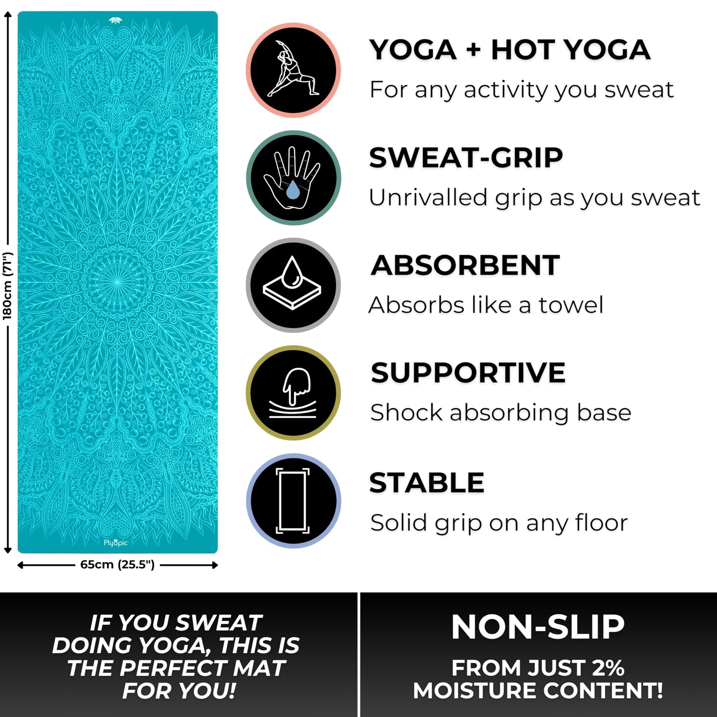 Plyopic. All In One Yoga Mat | Luxury Sweat-Grip Mat/Towel Combo | Ideal for Yoga, Hot Yoga, Bikram, Pilates, Workout & Exercise | Eco-Friendly Natural Rubber