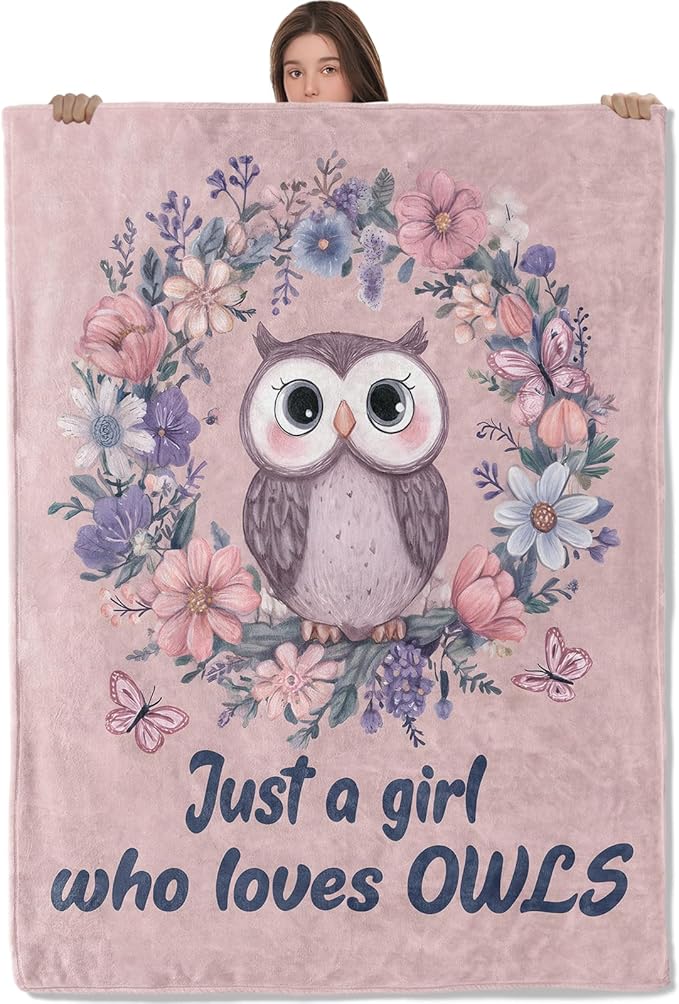 Owl Floral Lightweight Throw Blanket, Cute Cartoon Animal with Flower and Butterfly, Warm Soft Cozy Flannel Blankets, Couch Dorm Home Decor All Season Use, 60x50in, Pink, Gifts for Girls Women