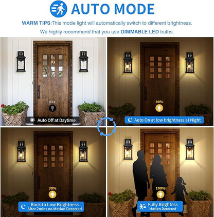 VIANIS Motion Sensor Exterior Lights for House, 2 Pack Dusk to Dawn Porch Lights Sconce Outdoor, Moden Black Outdoor Sconce Lights Lantern with Tempered Glass for Garage, Patio, Waterproof