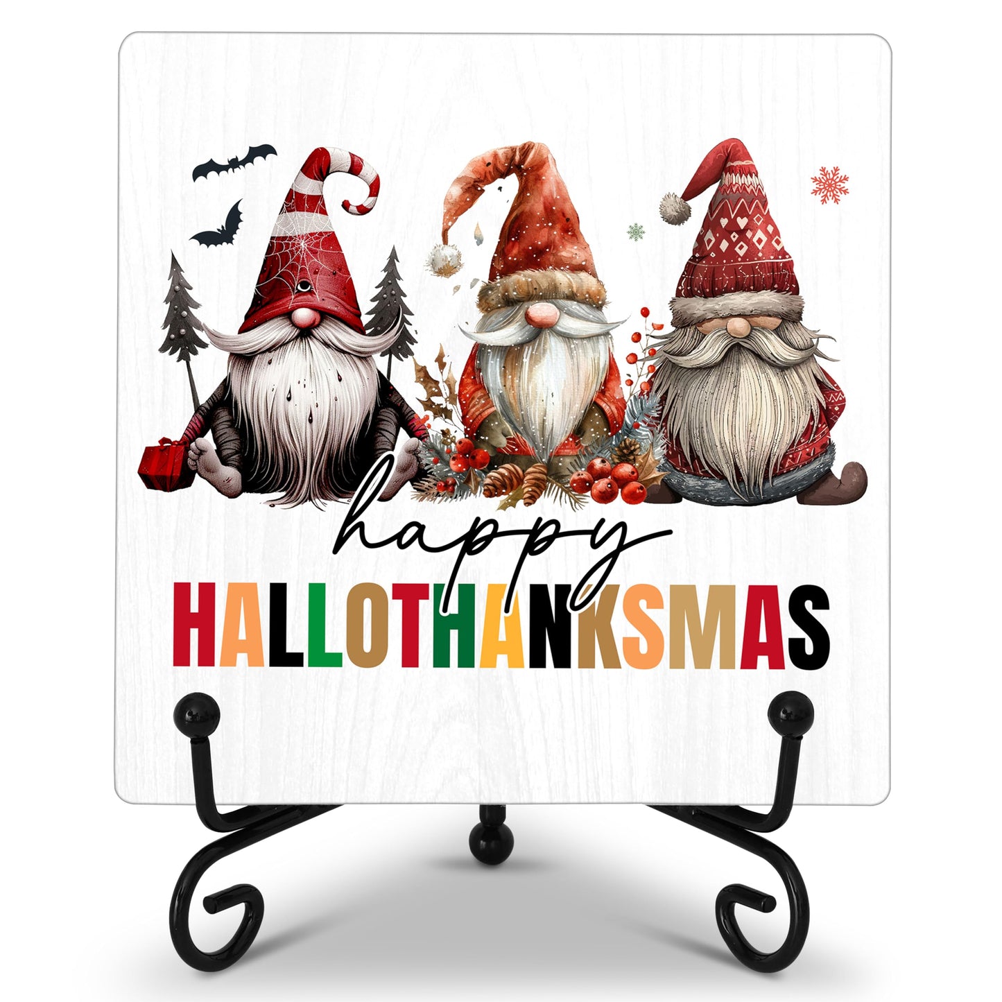 Cazhes Cute Christmas Gnomes Wooden Decor, Hallothanksmas Christmas Decorations for Home Bedroom, 5x5 Inches Xmas Decor with Iron Stand, Birthday New Year Gifts-G13
