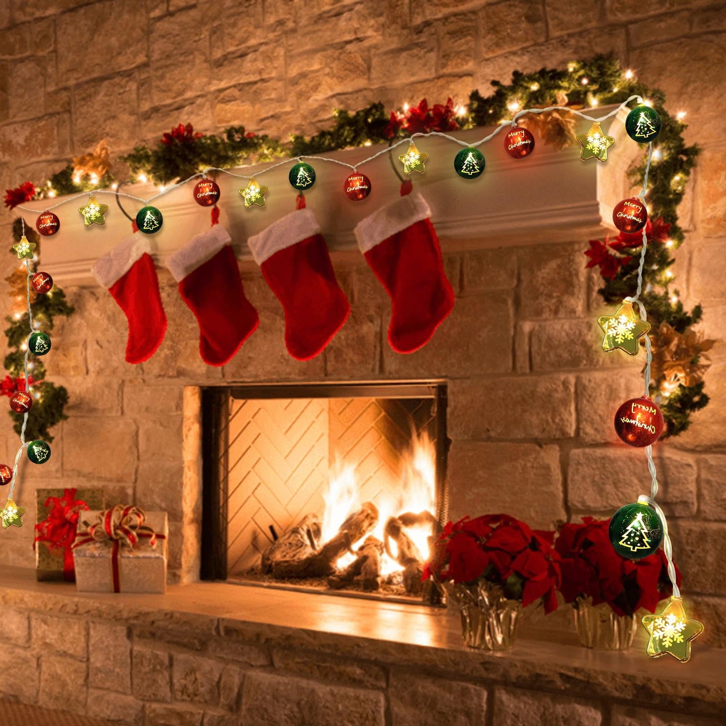Christmas Decorations Lights, 13.5ft 20 Led Battery Christmas Light with Timer & 8 Modes, Christmas Ball & Star Ornaments Light for Xmas Tree Wreath Window Wall Home Garden Outdoor Indoor Decor