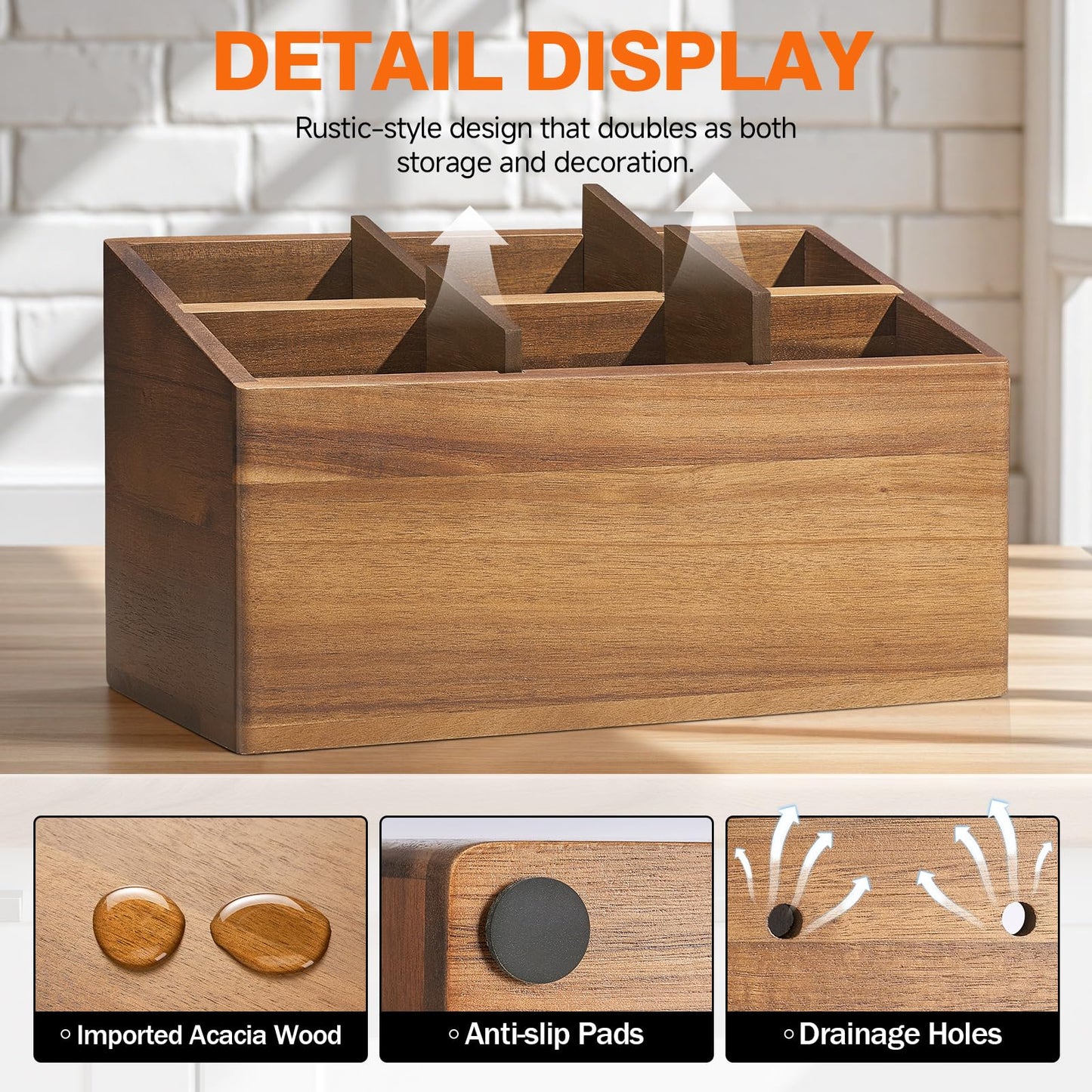 ONEARF Wooden Utensil Holder Counter, Kitchen Utensil Organizer Large 6 Compartment Cooking Utensils Holder, Acacia Rustic Wood Farmhouse Storage Container Crocks for Silverware and Cooker Set