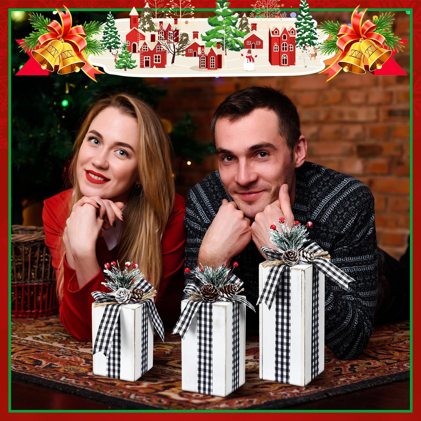Amyhill 3 Pcs Christmas Wooden Gifts Box Decor Christmas Plaid Presents Table Centerpieces Rustic Wooden Gifts Tiered Tray Decor with Buffalo Plaid Bowknot for Xmas Party (White,Fashion)