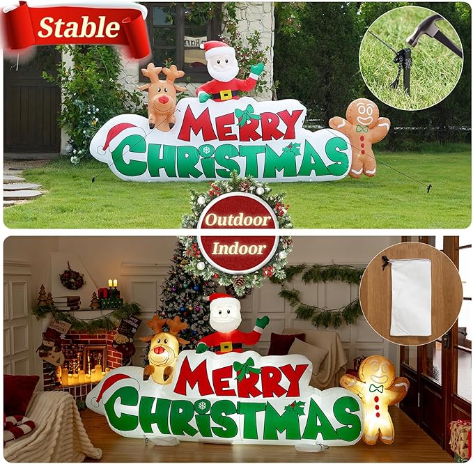 9.5 FT Christmas Inflatable Merry Christmas Sign with Santa, Reindeer & Gingerbread Man, LED Lit in- & Outdoor Decoration for Yard Garden Lawn Winter Decor